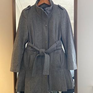 Calvin Klein grey twill military inspired peacoat w flared skirt, sz Small